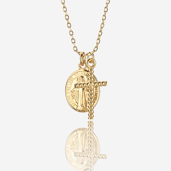 Gold cross and Virgin Mary pendant necklace details