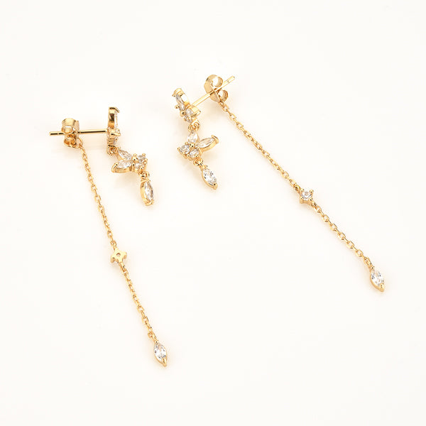 Gold crystal butterfly drop chain earrings details