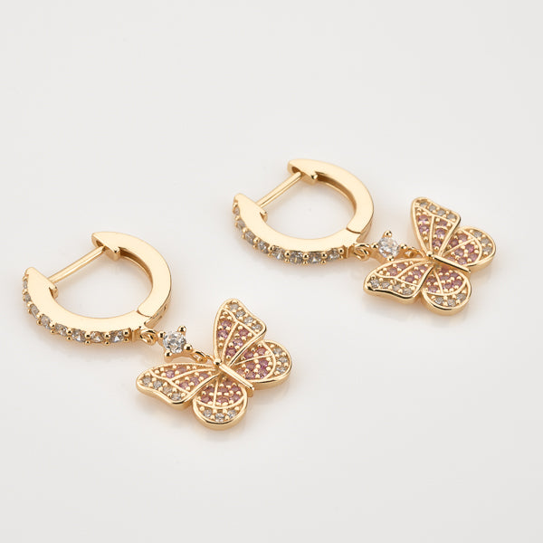 Gold crystal butterfly drop huggie hoop earrings