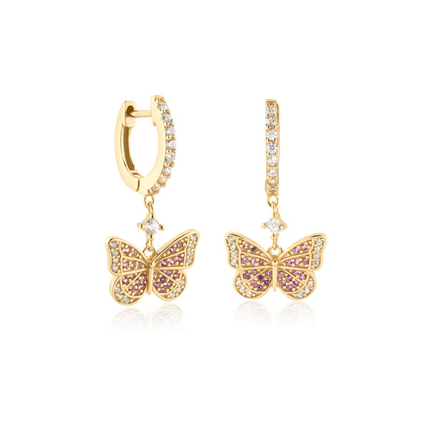 Gold crystal butterfly drop hoop earrings