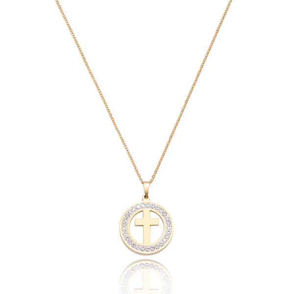 Gold crystal coin cross pendant necklace