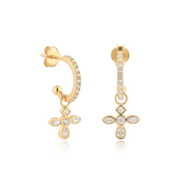 Gold crystal cross c hoop earrings