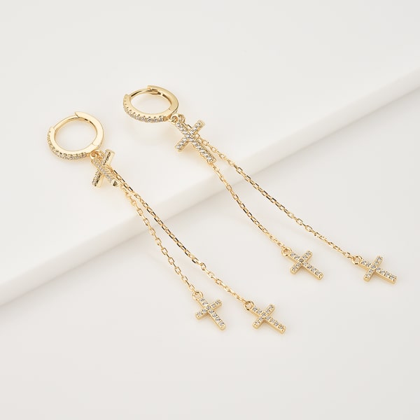 Gold crystal cross drop chain hoop earrings detail