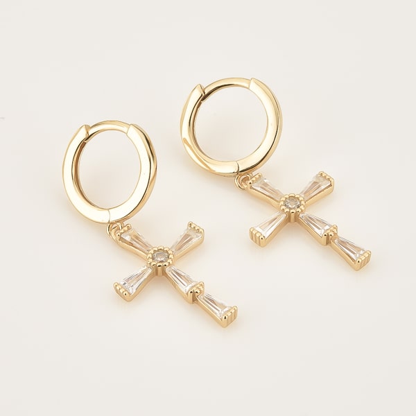 Gold crystal cross hoop earrings detail