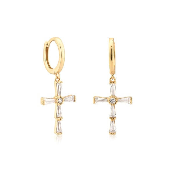 Gold crystal cross hoop earrings
