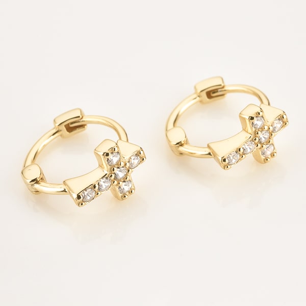 Gold crystal cross huggie hoop earrings detail