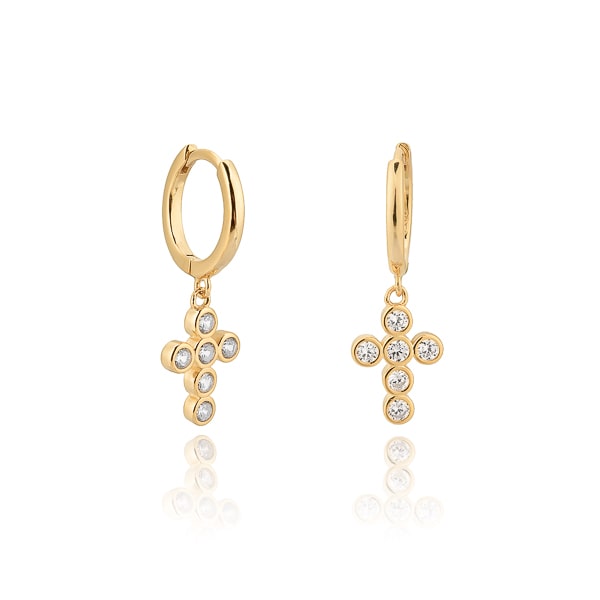 Gold crystal cross mini hoop earrings