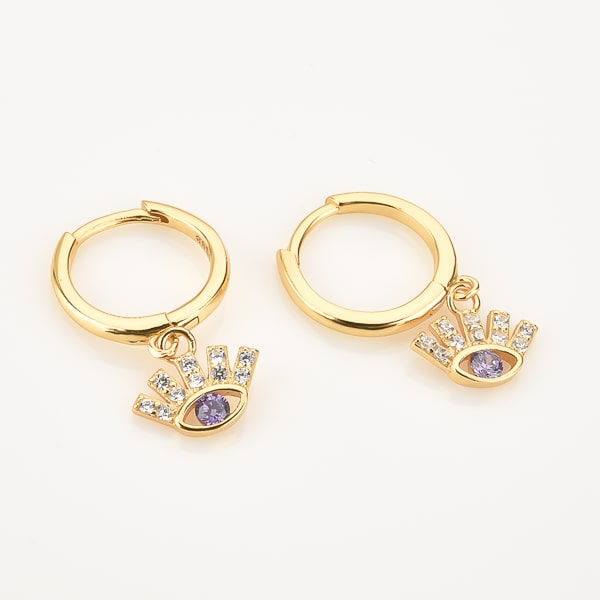 Gold crystal eye huggie hoop earrings detail