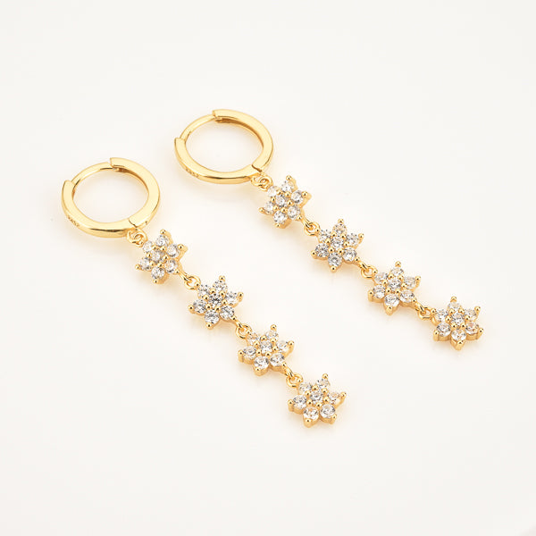 Gold crystal flower drop chain earrings details