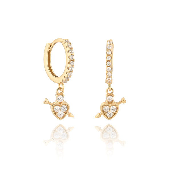 Gold crystal heart drop huggie hoop earrings