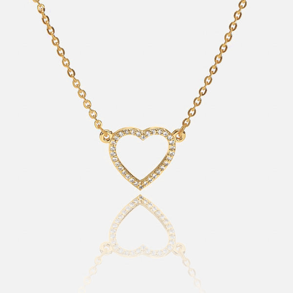 Gold crystal open heart necklace details