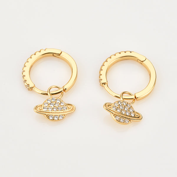 Gold crystal planet huggie hoop earrings details
