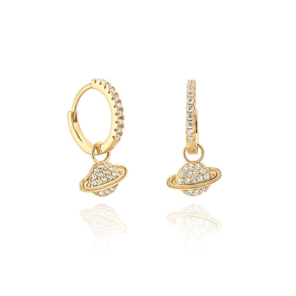 Gold crystal planet huggie hoop earrings