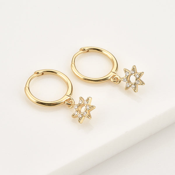 Gold crystal sun mini hoop earrings details