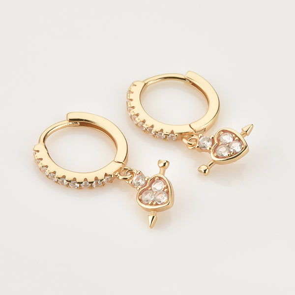 Gold crystal heart drop huggie hoop earrings details