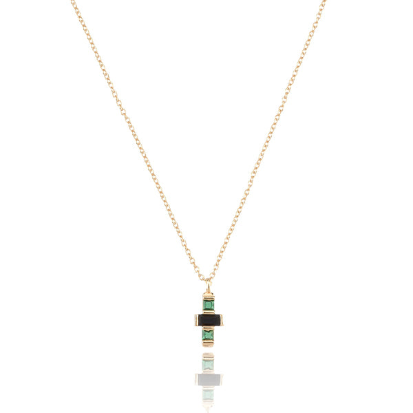 Dainty green & black crystal cross on a gold necklace