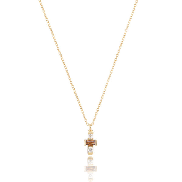 Dainty white & cognac crystal cross on a gold necklace