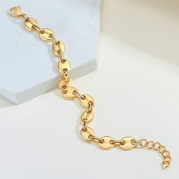 Gold designer cable chain bracelet detailed full length display
