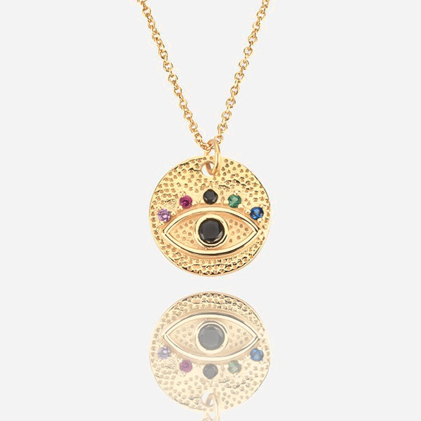 Gold eye of luck coin necklace details