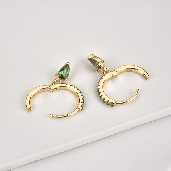 Gold green crystal huggie teardrop earrings details