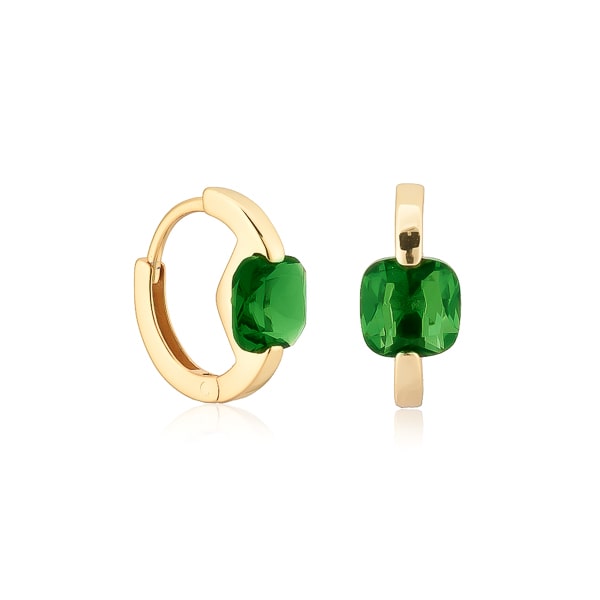 Gold green cushion huggie hoop earrings