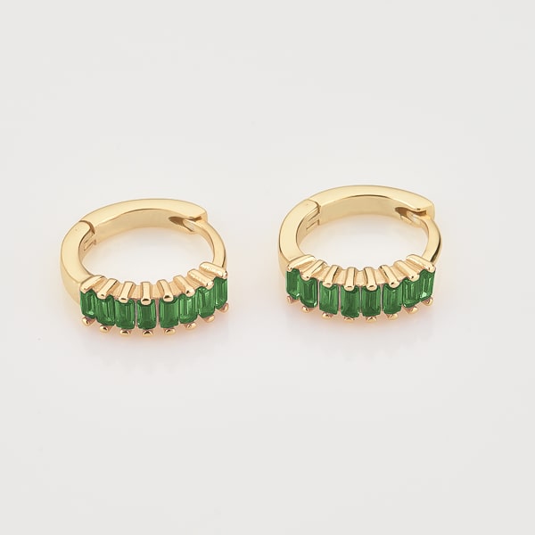 Gold green emerald-cut crystal huggie earrings details