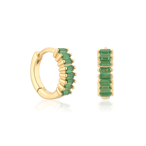 Gold green emerald-cut crystal huggie earrings