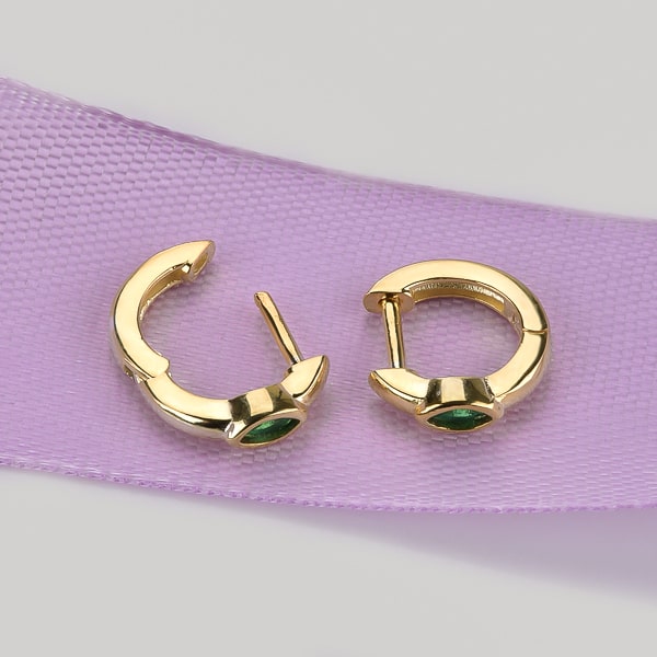 Gold green mini marquise hoop earrings details