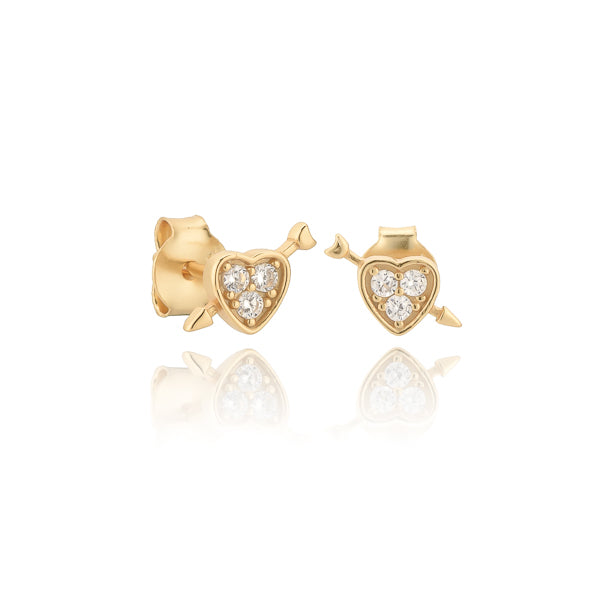 Gold heart and arrow stud earrings