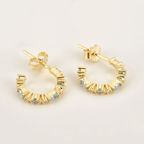 Gold ice blue crystal mini hoop earrings details