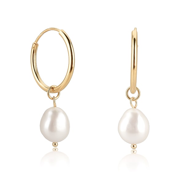 Gold large pearl drop hoop earrings