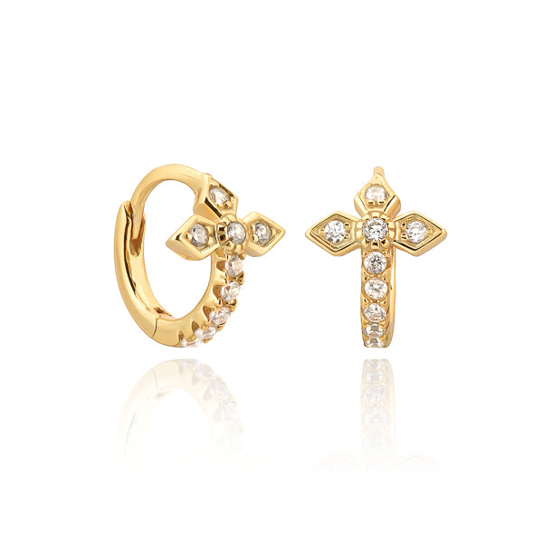 Gold medieval cross huggie hoop earrings