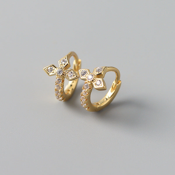 Gold medieval cross huggie hoop earrings details