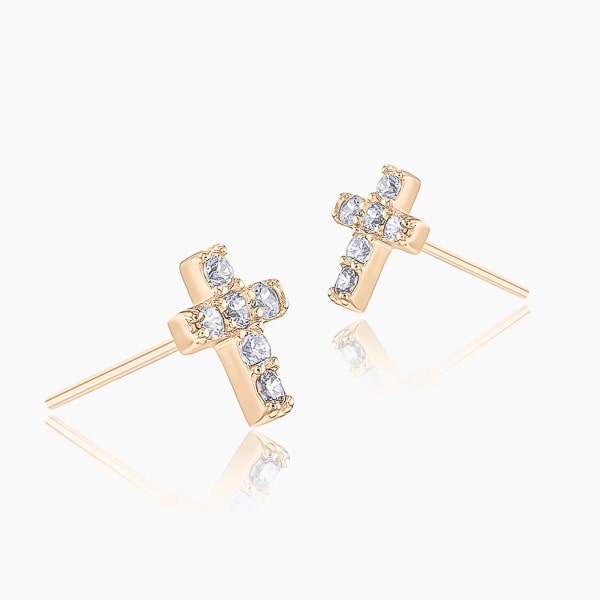 Gold mini crystal cross stud earrings detail