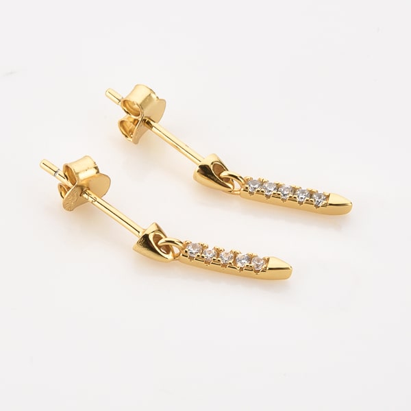 Gold mini crystal drop bar earrings detail
