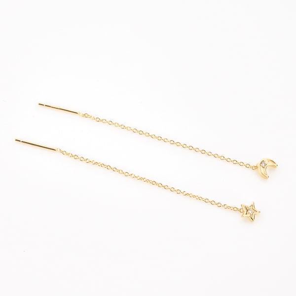 Gold moon and star threader earrings detail