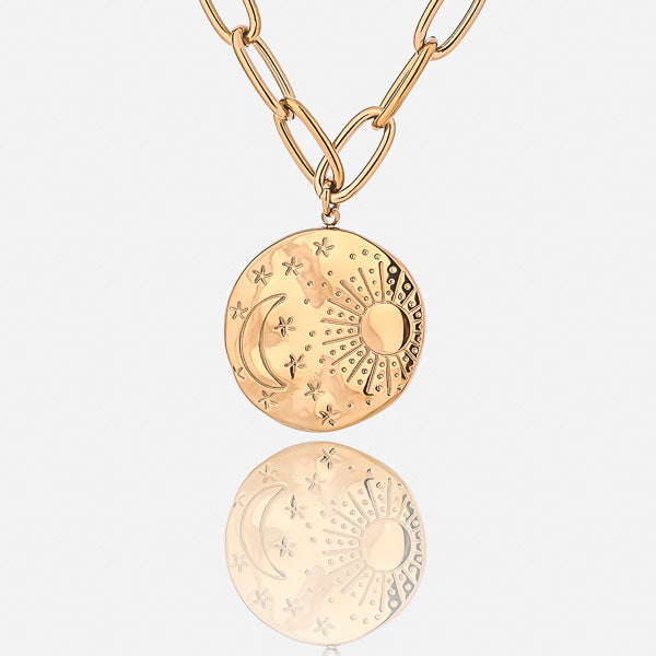 Gold moon & sun coin necklace details