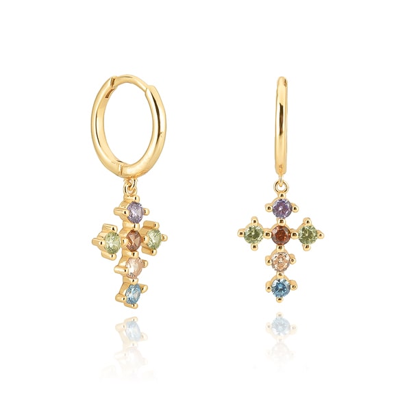 Gold multicolor crystal cross hoop earrings