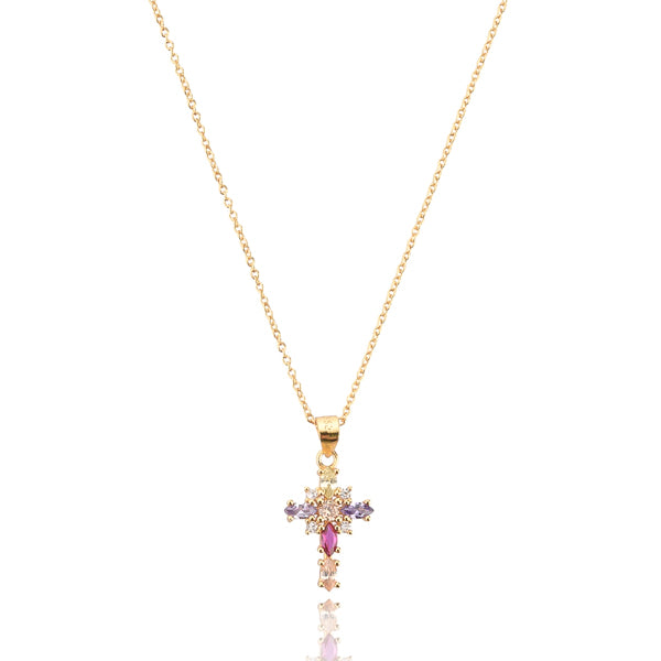 Gold multicolor crystal cross pendant necklace