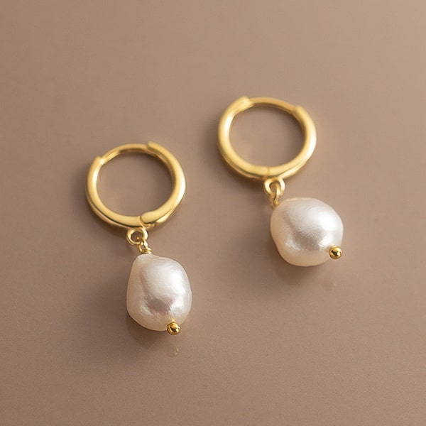 Gold pearl drop hoop earrings details