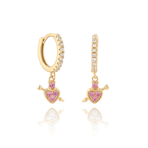 Gold pink crystal heart drop huggie hoop earrings