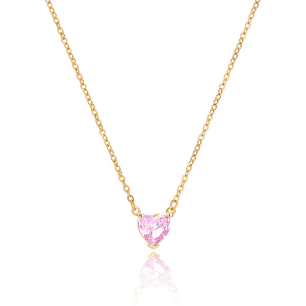 Gold pink crystal heart necklace