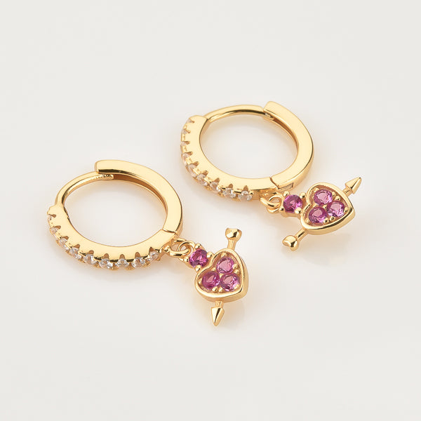 Gold pink crystal heart drop huggie hoop earrings details