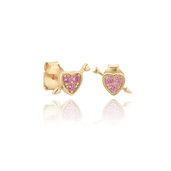 Gold heart and arrow stud earrings with pink crystals