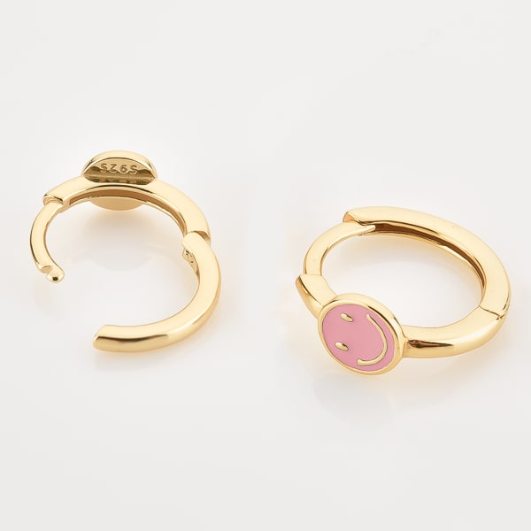 Gold pink smiley emoji hoop earrings details