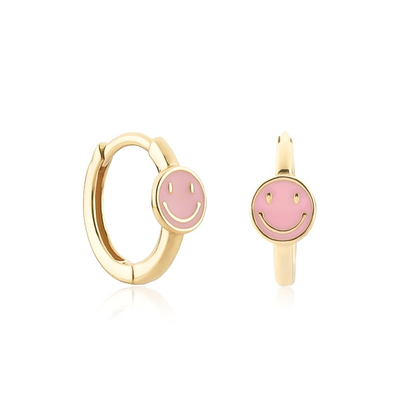 Gold pink smiley emoji hoop earrings