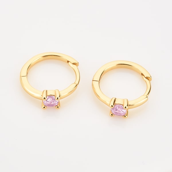 Gold pink solitaire hoop earrings details