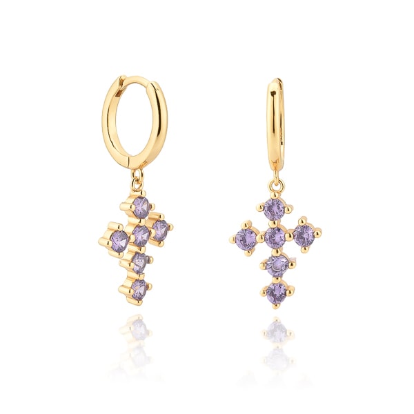 Gold purple crystal cross hoop earrings