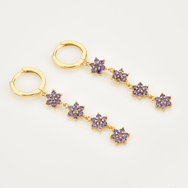 Gold purple crystal flower drop chain earrings details