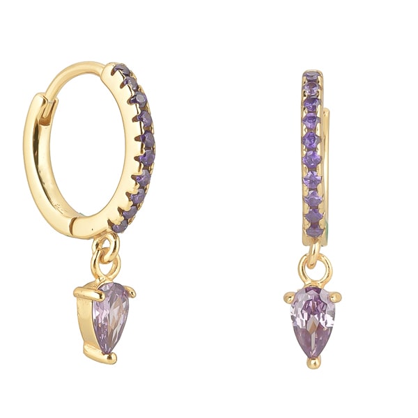 Gold purple crystal huggie teardrop earrings